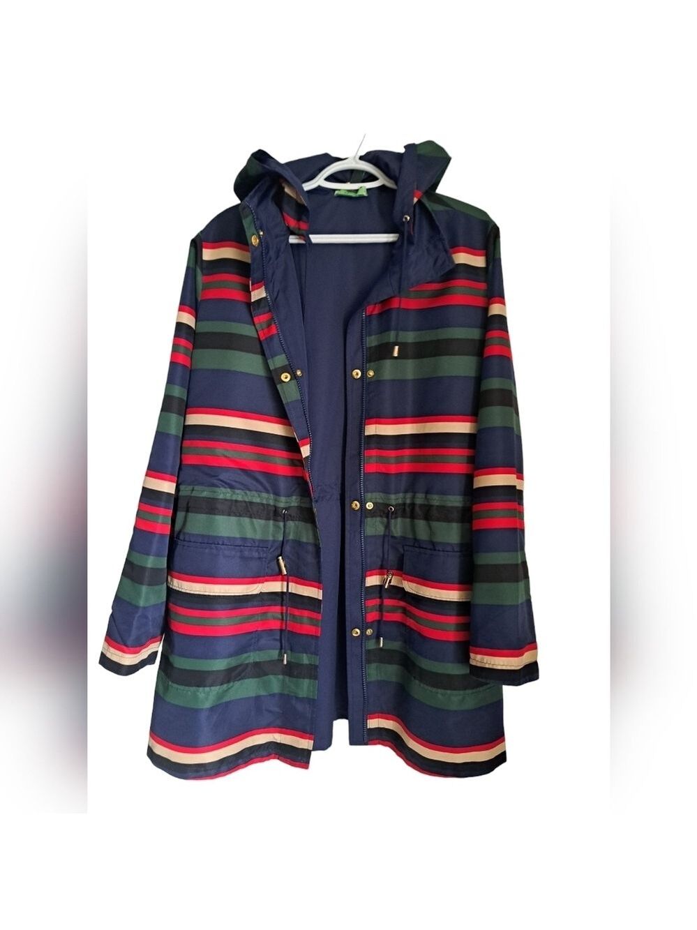 C WONDER Reversible hooded jacket solid navy multi stripe zip windbreaker size L - Picture 2 of 6